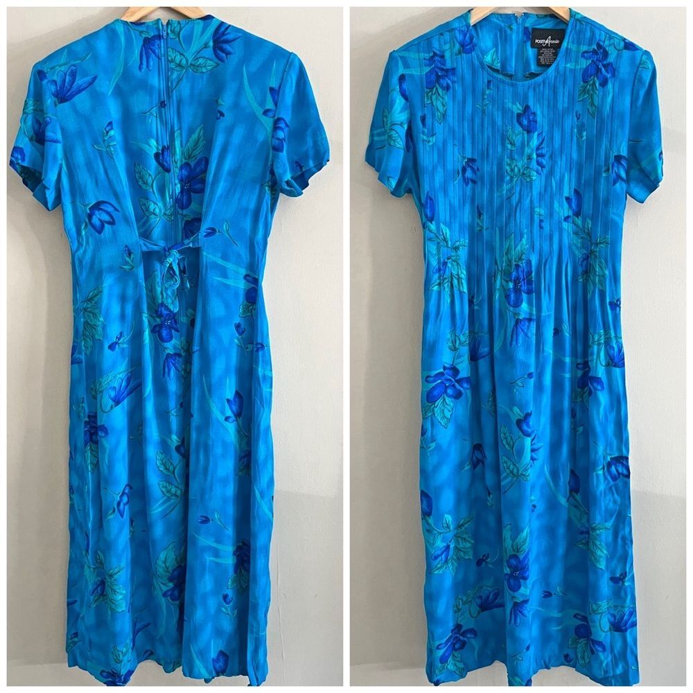 Vintage 90s Blue Floral Pleated Midi Dress Rayon Garden Party Cottagecore M-L